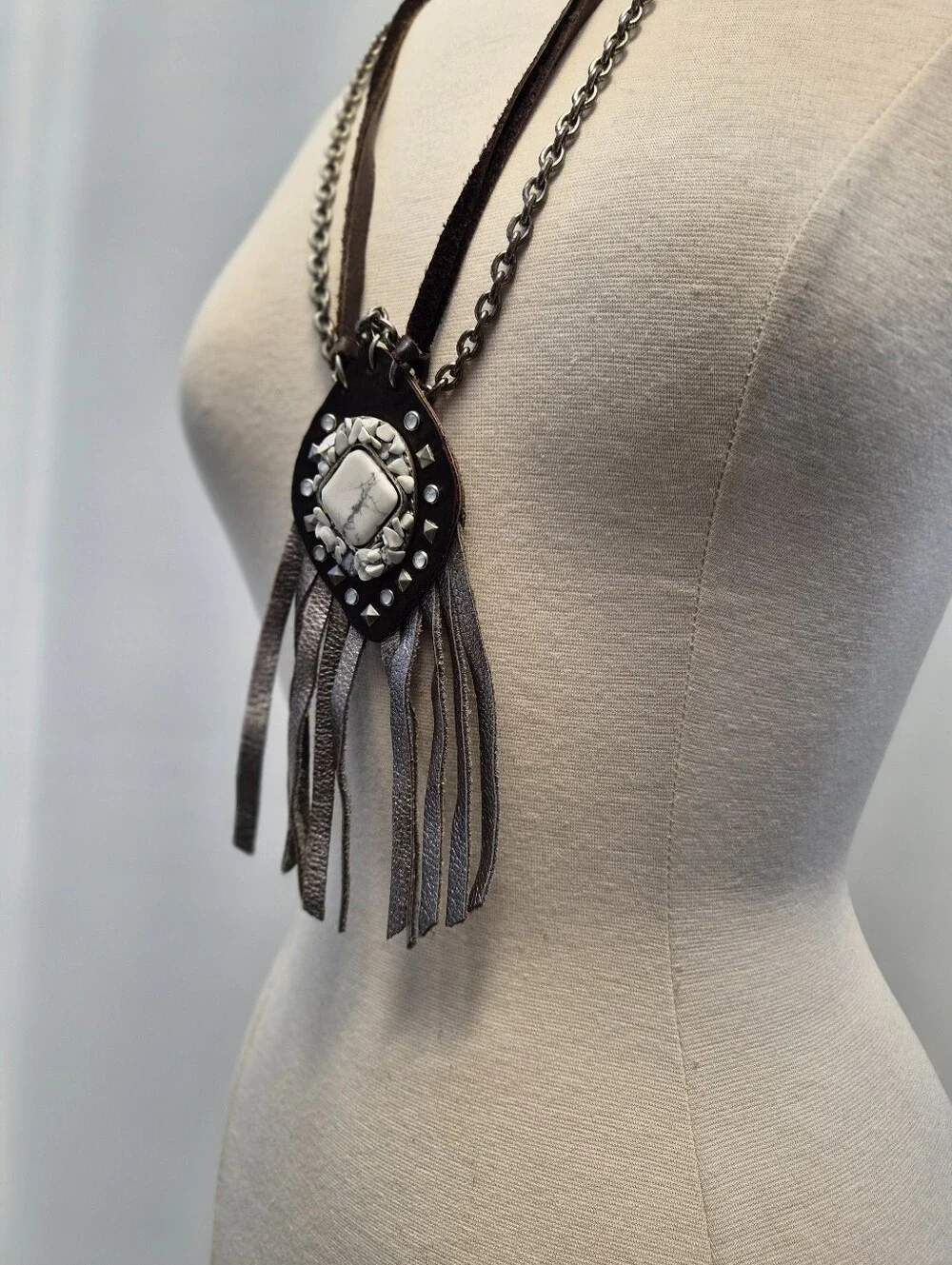 Leatherock Western Rocker Fringe Necklace White Stone Studded Black Leather Cord